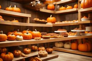 a cozy heated great kitchen inward parts with racks filled with pumpkin get-up-and-go treats and warm collect time colors. Creative resource, AI Generated photo