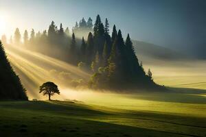 A calm morning see of a foggy timberland with bars of daylight entering through the trees. AI Generated photo