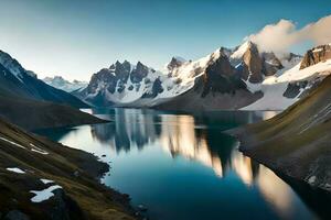 un idealizar nieve tapado lago establecido interno partes el centrar de imponente hielo hojas y nieve tapado picos ai generado foto