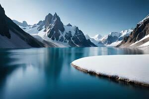 A idealize snow capped lake settled internal parts the center of towering ice sheets and snow capped crests. photo