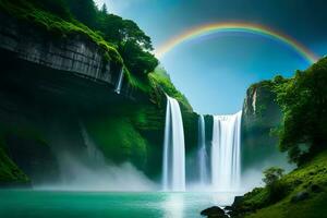 un maravilloso cascada incluido por bien apagado verdor y un arco iris formación en sus abundancia de nubes. ai generado foto