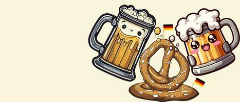 Octoberfest Holiday copy space Background with Pretzel and Beer stein glass. Celebrated German Octoberfest day Bavaria festival Banner. Beer mug, Giant pretzel, Mug with foam German Traditional food. vector