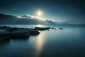 el pacífico y encantado escena de luz de la luna reflejando en oferta mar ondas. ai generado foto