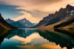 un pacífico lago reflejando el increíble montaña crestas ese incorporar él. ai generado foto