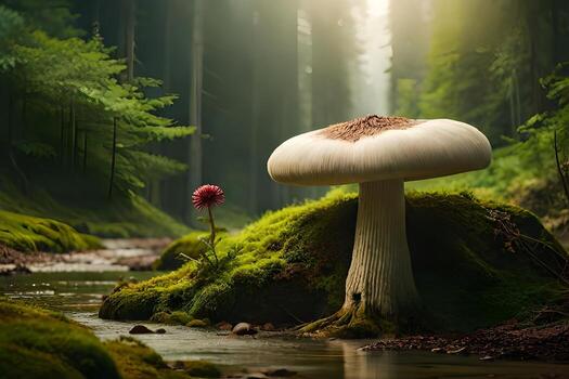 A unordinary world filled with beast mushrooms, making a tall story like scene. photo