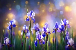 Beautiful irises, a special way to honor March 8, shown in a colorful and dreamy out-of-focus background.. Creative resource, AI Generated photo