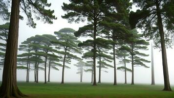 Tall trees within the timberland within the mountains secured with mist. AI Generated photo