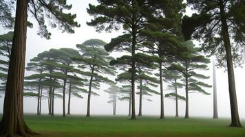 Tall trees within the timberland within the mountains secured with mist. photo