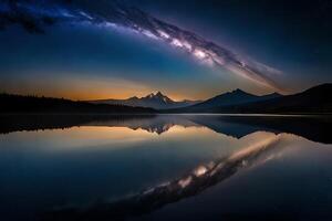 A mesmerizing night sky over a calm lake, reflecting the stars and the Smooth Way. photo