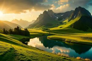 un pintoresco campo paisaje con un viento río , lozano verde henar , y un capturar casa de Campo. creativo recurso, ai generado foto