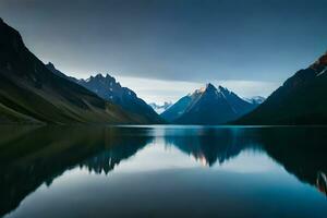 A calm lake reflecting the brilliant mountain peaks that cement it. Ai Generated photo