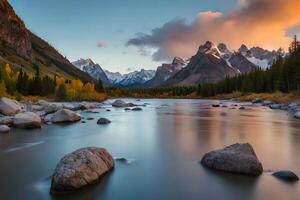 A valuable stone clear conduit gushing through harsh scene, with snow capped mountains inside the expel. photo