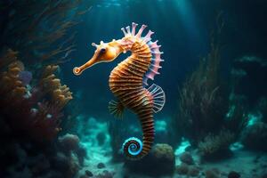 A enchanted seahorse showcased in submerged charm. Creative resource, AI Generated photo