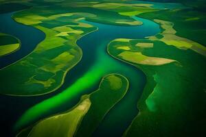 The picture shows a river dividing into smaller parts, with various shades of green and blue around it, as seen from above.. Creative resource, AI Generated photo