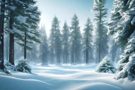 a calm winter scene of snow secured evergreen trees standing in a calm woods. Creative resource, photo