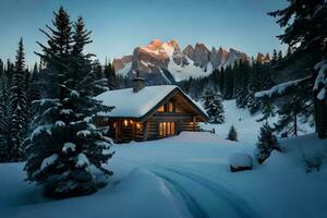 A cozy mountain cabin settled inside the center of secured crests and evergreen trees. Ai Generated photo