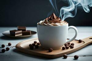 A closeup shot of a steaming glass of cocoa beautified with marshmallows and chocolate shavings. AI Generated photo