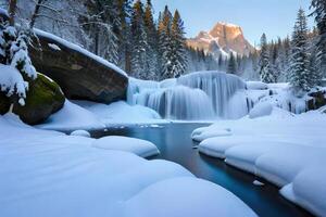 A cemented waterfall taking after a gem shape in a winter wonderland. Ai Generated photo