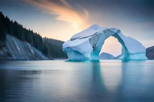 A colossal floating ice sheet forming a characteristic turn over the bone chilling waters. Ai Generated photo