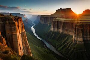 A amazing canyon with a effective waterfall streaming through its rough dividers. photo