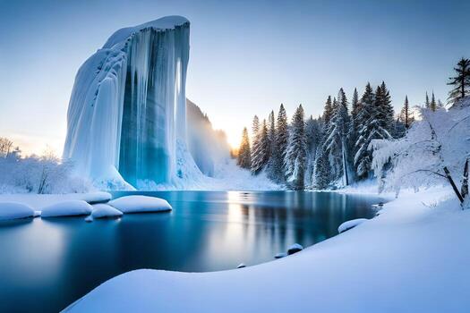 A cemented waterfall taking after a diamond shape in a winter wonderland. photo