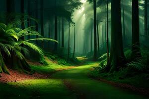 An enchanting forest illuminated by the delicate glow of firefly during a appeal night. Creative resource, photo