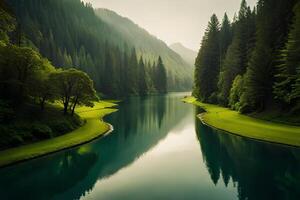 A peaceful stream delicately bending through a green scene dabbed with trees. photo
