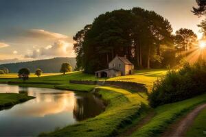 A picturesque countryside landscape with a scent river , alcoholic Green hayfield , and a give up farmhouse. Creative resource, photo