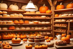 a cozy baked good kitchen inner parts with racks filled with pumpkin get-up-and-go treats and warm collect time colors. Creative resource, AI Generated photo