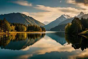 espectáculo un calma lago o lago reflejando el paradisíaco de el paso año y el frescura de el Aparecer día uno. ai generado foto