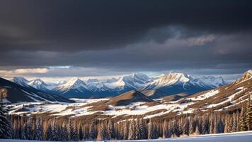 Stunning shot of unforgiving mountains secured in white snow. photo