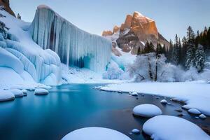 un cementado cascada tomando después un urgente Roca forma en un invierno mundo maravilloso. ai generado foto