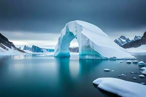 A colossal coasting ice sheet shaping a characteristic turn over the bone chilling waters. Ai Generated photo