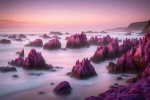 In the morning, there are beautiful pink and purple rocks at the edge of the water.. Creative resource, AI Generated photo