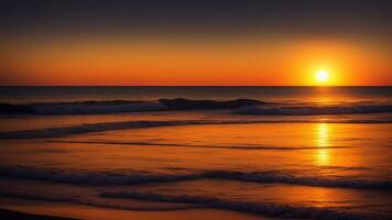 calma orilla puesta de sol. hacer un calma y impactante orilla escena con un vistoso anochecer terminado el horizonte. ai generado foto