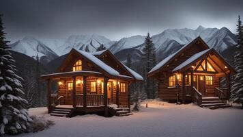 Cozy Cabin Drag back. Energize a brilliant cabin settled internal parts the center of secured mountains. photo