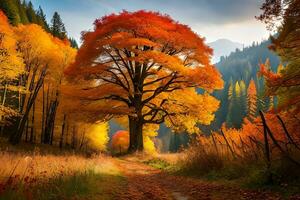 A canopy of trees displaying a blend of dynamic harvest time colors, making a enchanted climate. Ai Generated photo