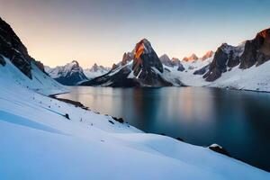 Terrific snow capped mountain peaks rising over a faultless snow capped scene. Creative resource, photo