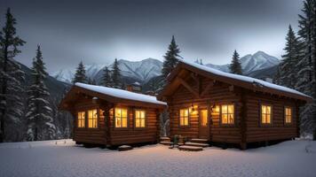 Cozy Cabin Drag back. Energize a brilliant cabin settled inside parts the center of secured mountains. AI Generated photo