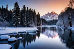 Capture the calm tremendousness of a cemented lake reflecting the twinkling lights of intrude trees. photo