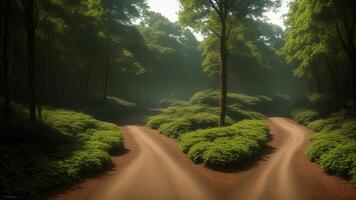 winding timberland pathway, dappled with sunshine and included by over the beat greenery. AI Generated photo