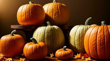 Thanksgiving holidays foundation, Pumpkin and collect time clears out on wooden foundation. photo