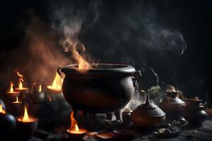 Charmed cauldron, magical large scale with charming studio lighting. Creative resource, AI Generated photo