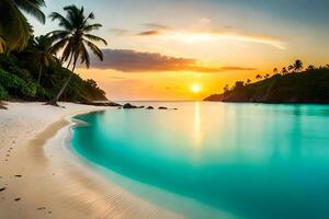A tropical heaven with palm trees, white sandy shoreline, and turquoise waters. photo
