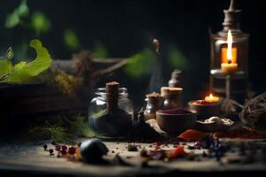 Witch's fixings, charming large scale highlighting enchanted subtle elements. Creative resource, AI Generated photo