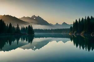 A cloudiness secured mountain lake with evergreen trees reflected on its sparkly surface. photo