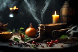 Witch's fixings, charming gigantic scale highlighting charmed clear components. Creative resource, photo