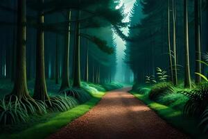 An enchanting forest illuminated by the delicate glow of firefly during a charming night. Creative resource, photo