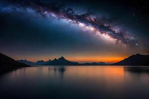 A mesmerizing night sky over a calm lake, reflecting the stars and the Smooth Way. photo