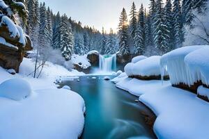 A cemented waterfall taking after a basic stone shape in a winter wonderland. photo